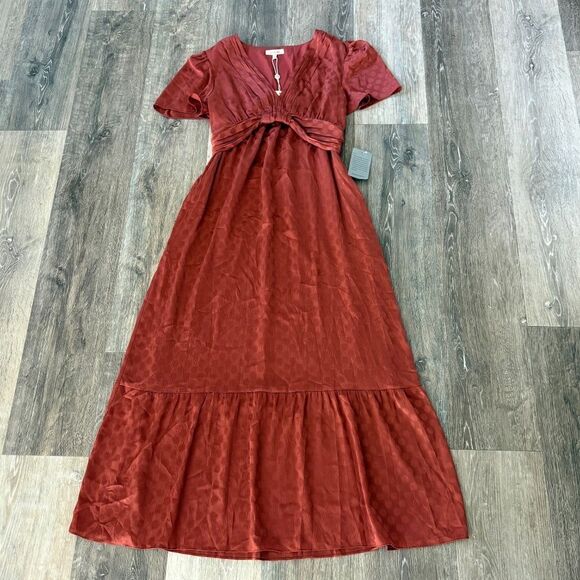 NWT Max Studio Women's Jacquard Shine Dot Cinched Waist Midi Dress Russet Small - Picture 5 of 16